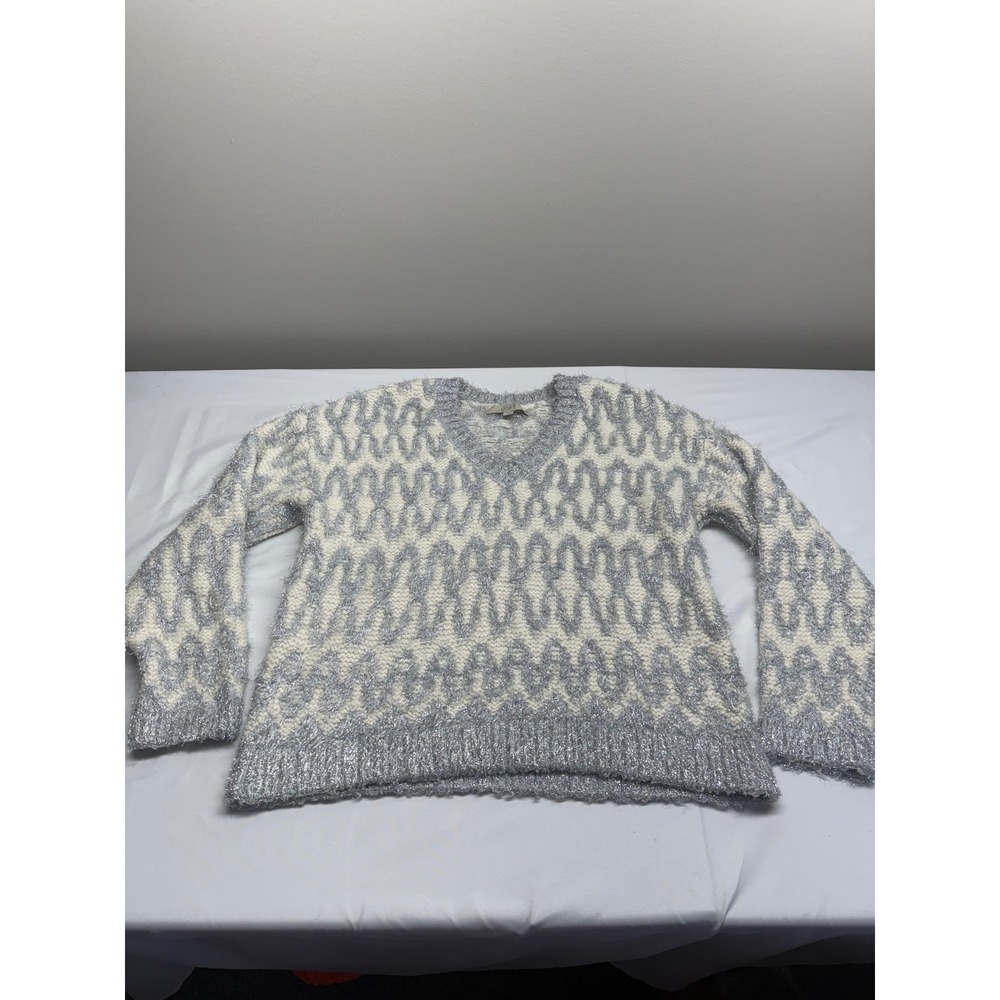 LOFT Womens Silver Metallic Geometric V-Neck Fuzzy Eyelash Knit Sweater Large‎